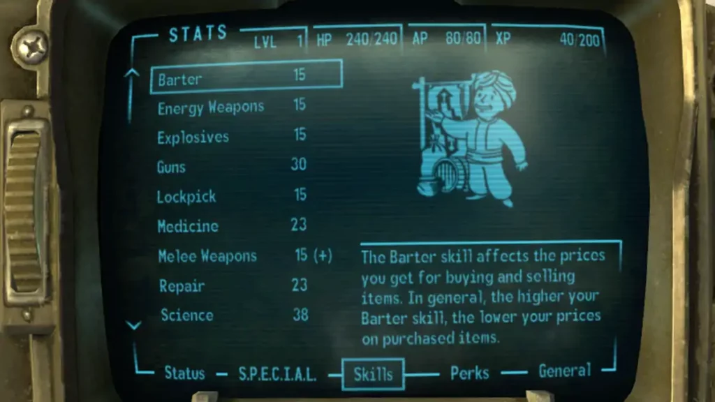 Fallout New Vegas Tips: Pip-Boy displaying the current skill stats.